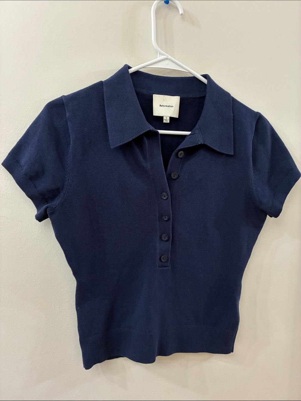 Reformation Navy Polo Button-Up Knit crop sweater top - small- cotton blend
